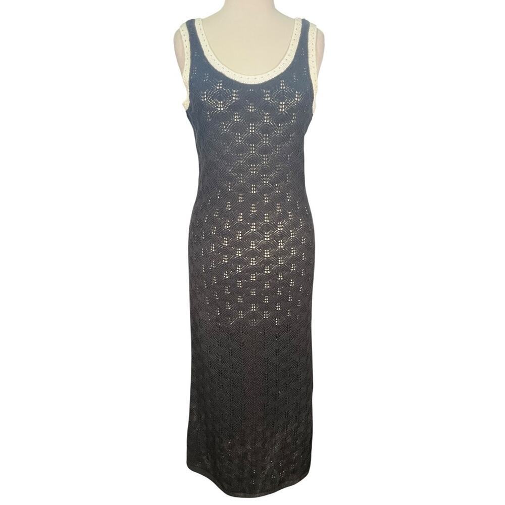 Nine West Crochet Maxi Dress Medium Black Sleeveless Cotton Lined Coastal Chic